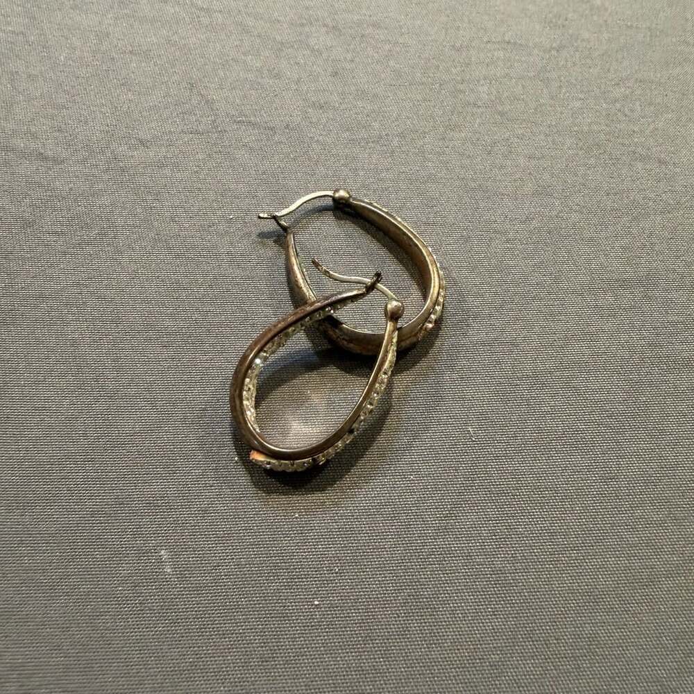 Vintage Silver Tone Pave Rhinestone Oval Hoop Earrings